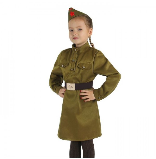 Карнавальный костюм для девочки "Военный", платье, ремень, пилотка, р-р 72, рост 140 см